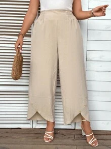 SHEIN LUNE 大碼紐扣細節不對稱下擺闊腿褲 - 杏色 - 查看 5