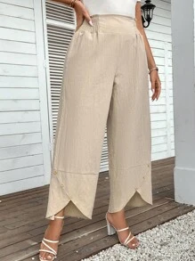 SHEIN LUNE 大碼紐扣細節不對稱下擺闊腿褲 - 杏色 - 查看 6