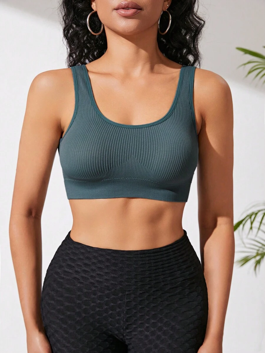 Yoga Basic Solid Ribbed Knit Sports Bra - Green - View 1