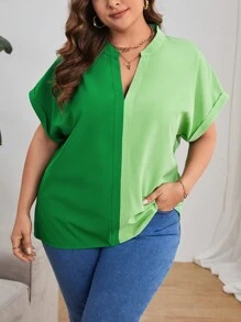 SHEIN Essnce Blusa de dos tonos de manga murciélago - Verde - Ver 1