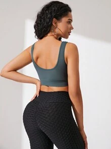 Yoga Basic Solid Ribbed Knit Sports Bra - Green - View 2
