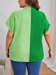 SHEIN Essnce Blusa de dos tonos de manga murciélago - Verde - Ver 2