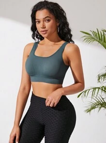 Yoga Basic Solid Ribbed Knit Sports Bra - Green - View 3