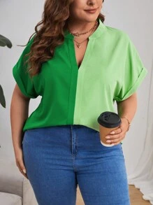 SHEIN Essnce Blusa de dos tonos de manga murciélago - Verde - Ver 3