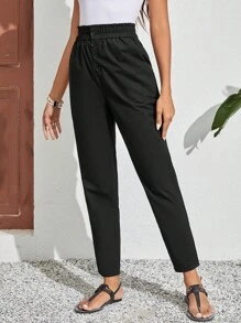SHEIN Frenchy Paperbag Waist Button Fly Pants Winter Black Casual - Black - View 3