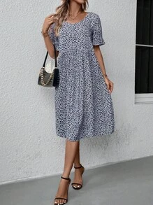 SHEIN LUNE Allover Print Flounce Sleeve Dress - Royal Blue - View 4