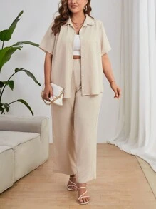 SHEIN Essnce 大碼素色前紐扣襯衫和闊腿褲