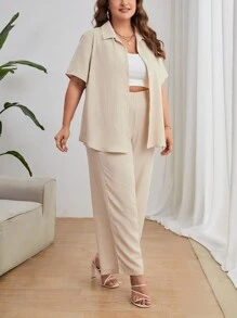 SHEIN Essnce 大碼素色前紐扣襯衫和闊腿褲