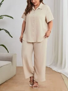 SHEIN Essnce 大碼素色前紐扣襯衫和闊腿褲