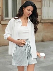 SHEIN Frenchy 條紋印花紙袋腰前打結短褲 - 薄荷綠 - 查看 4