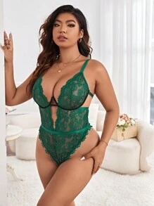 大碼花卉蕾絲貝殼邊深V領鏤空性感緊身連體衣 - 墨綠色 - 查看 1