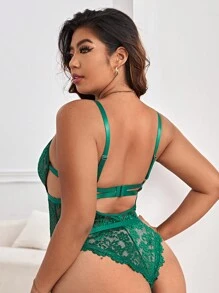 大碼花卉蕾絲貝殼邊深V領鏤空性感緊身連體衣 - 墨綠色 - 查看 2