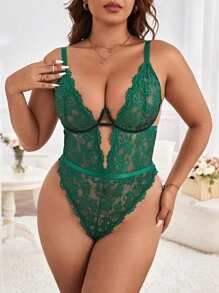 大碼花卉蕾絲貝殼邊深V領鏤空性感緊身連體衣 - 墨綠色 - 查看 6