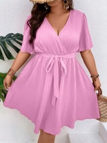 Breezaya Plus Surplice Neck Belted Dress - Pink - View 1
