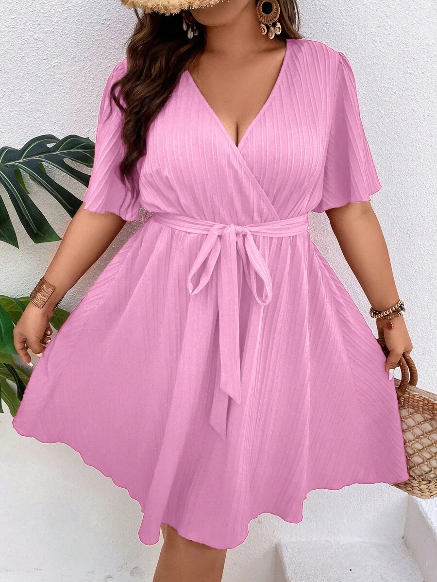 Breezaya Plus Surplice Neck Belted Dress - Pink - View 1