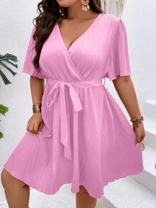Breezaya Plus Surplice Neck Belted Dress - Pink - View 4