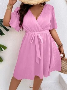 Breezaya Plus Surplice Neck Belted Dress - Pink - View 6