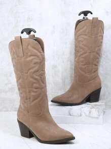 SHUZIA 尖頭刺繡高跟牛仔靴 - 卡其色 - 查看 2