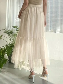 DAZY High Waist Ruffle Hem Mesh Skirt - Beige - View 2