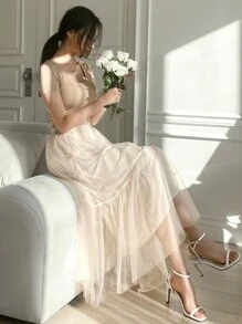 DAZY High Waist Ruffle Hem Mesh Skirt - Beige - View 3