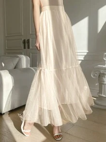 DAZY High Waist Ruffle Hem Mesh Skirt - Beige - View 4