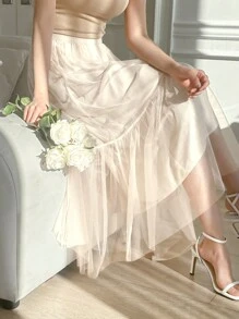 DAZY High Waist Ruffle Hem Mesh Skirt - Beige - View 5