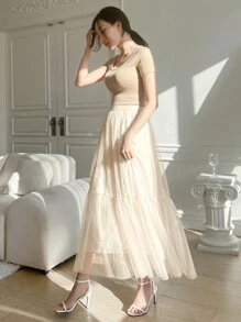 DAZY High Waist Ruffle Hem Mesh Skirt - Beige - View 6