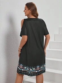 EMERY ROSE Đầm Plus Size Cắt ra Hoa Bộ lạc Boho - màu đen - Xem 2