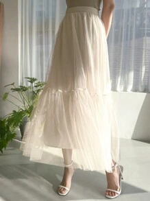 DAZY High Waist Ruffle Hem Mesh Skirt - Beige - View 8