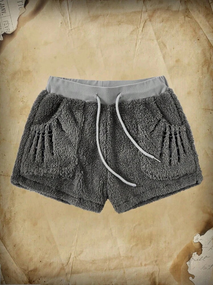 ROMWE Academia Shorts con estampado de esqueleto de mano de cintura con cordón teddy - Gris Oscuro - Añade 1