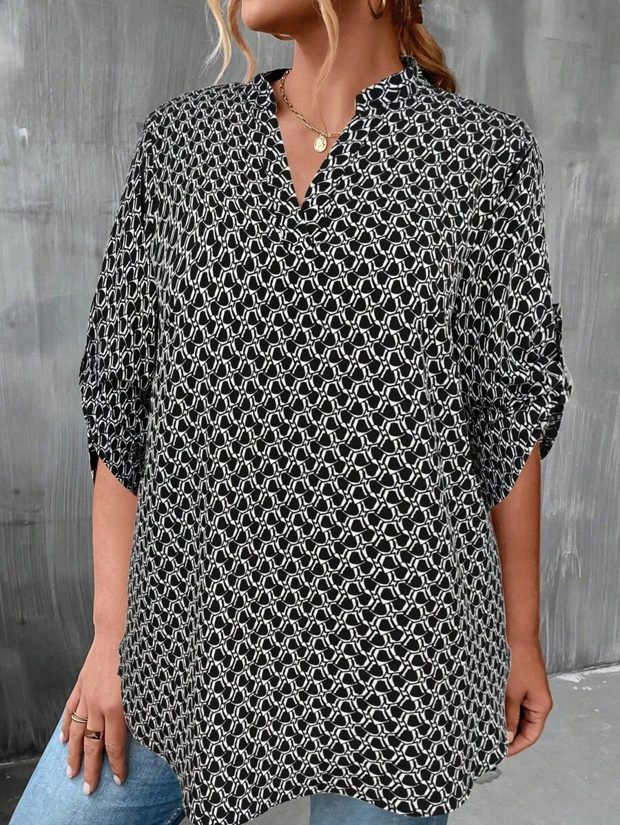 Plus Allover Print Roll Tab Sleeve Asymmetrical Hem Popover Blouse - Black - View 1