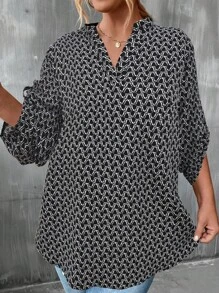 Plus Allover Print Roll Tab Sleeve Asymmetrical Hem Popover Blouse - Black - View 3