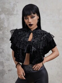 ROMWE Goth Ruffle Trim Tie Front Cape Coat - Black - View 1