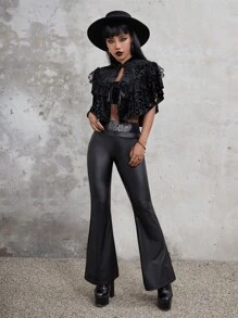 ROMWE Goth Ruffle Trim Tie Front Cape Coat - Black - View 2