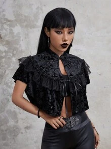 ROMWE Goth Ruffle Trim Tie Front Cape Coat - Black - View 3