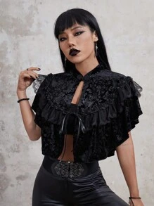 ROMWE Goth Ruffle Trim Tie Front Cape Coat - Black - View 5