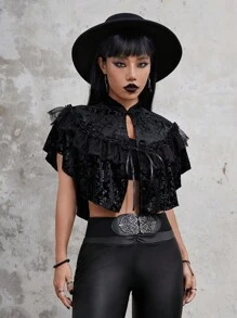 ROMWE Goth Ruffle Trim Tie Front Cape Coat - Black - View 6