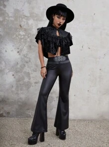 ROMWE Goth Ruffle Trim Tie Front Cape Coat - Black - View 7