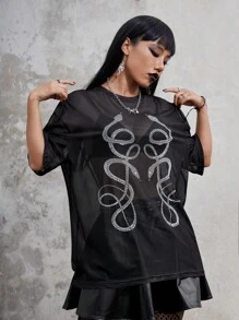 ROMWE Goth In rắn Thả vai Lưới Áo - màu đen - Xem 2