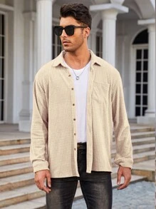 Men Solid Pocket Patched Button Up Shirt - Khaki - View 1