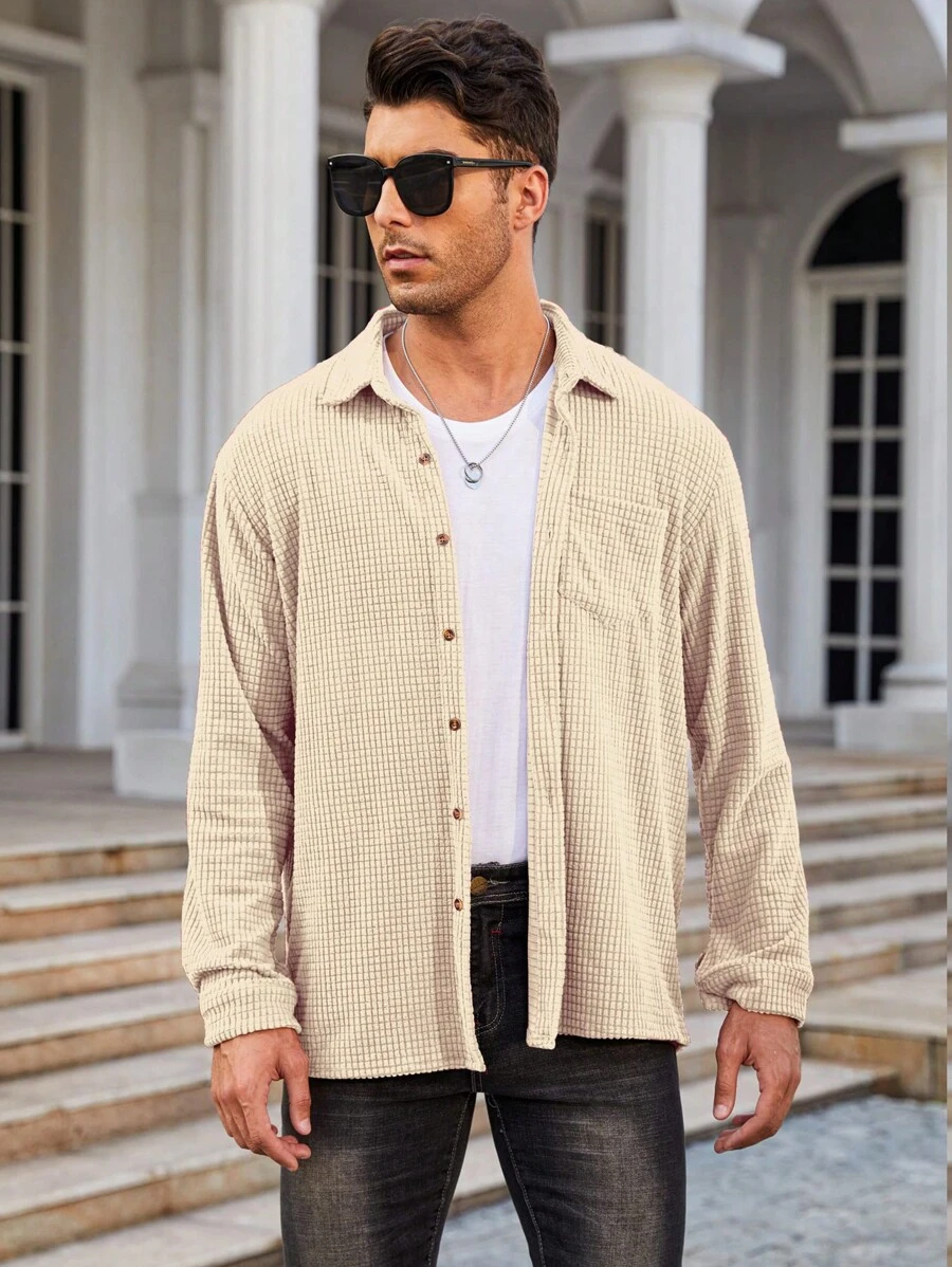 Men Solid Pocket Patched Button Up Shirt - Khaki - View 1