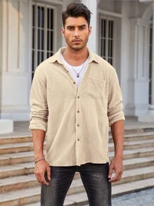 Men Solid Pocket Patched Button Up Shirt - Khaki - View 4