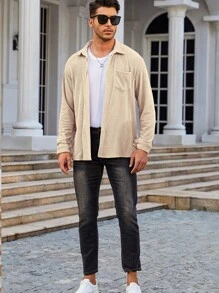 Men Solid Pocket Patched Button Up Shirt - Khaki - View 5