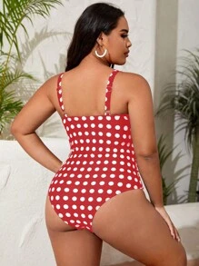 SHEIN Swim Curve Plus Polka Dot Print Push Up One Piece Swimsuit - Red and White - View 2