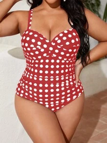 SHEIN Swim Curve Plus Polka Dot Print Push Up One Piece Swimsuit - Red and White - View 6