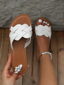 Women Braided Detail Flat Sandals, Vacation White Slide Sandals For Summer - White - View 1