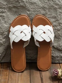 Women Braided Detail Flat Sandals, Vacation White Slide Sandals For Summer - White - View 2