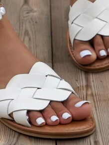 Women Braided Detail Flat Sandals, Vacation White Slide Sandals For Summer - White - View 6