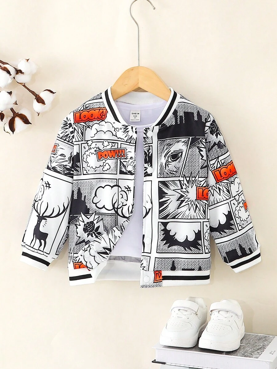 SHEIN 嬰兒波普藝術圖案條紋飾邊飛行員夾克不帶T恤 - 黑與白 - 查看 1