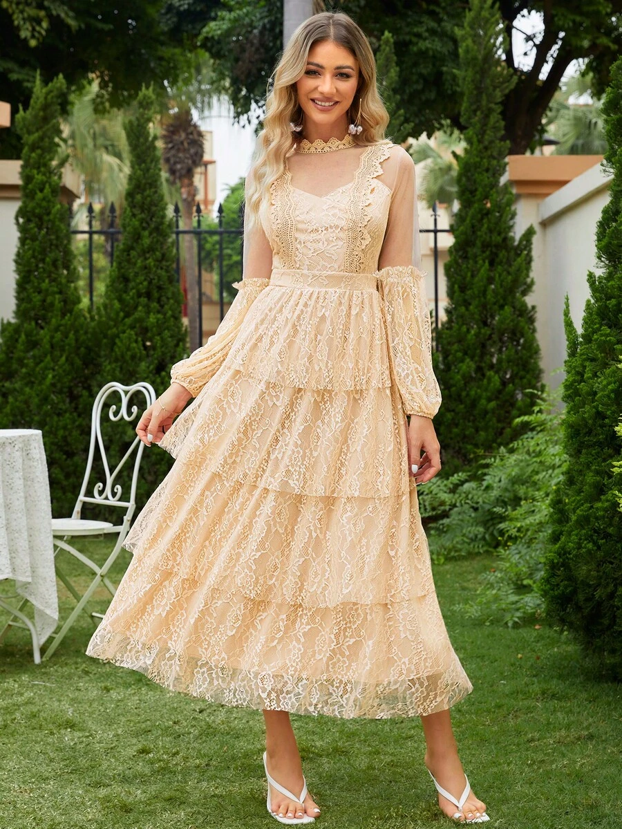 Simplee Lantern Sleeve Layered Ruffle Hem Lace Party Dress - Apricot - View 1